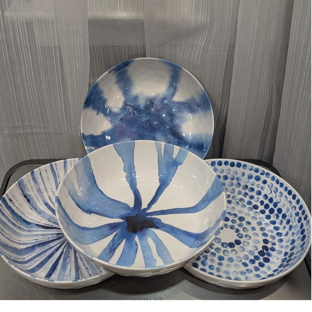 Max Studio Home Melamine Pasta Bowl Set 4 Blue White Watercolor Abstract Dot 8in